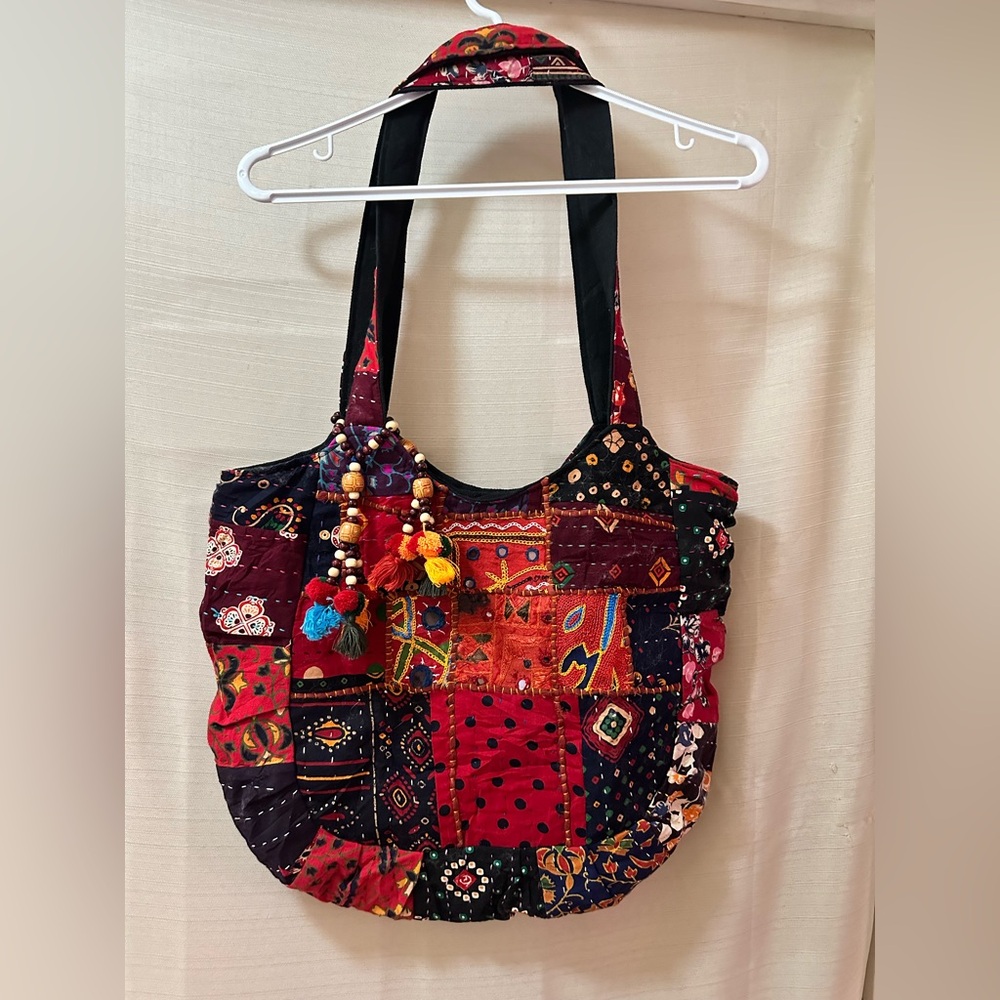 Tribe Azure Handmade Patchwork Boho Tote Bag Tassel Embroidered Fair Trade